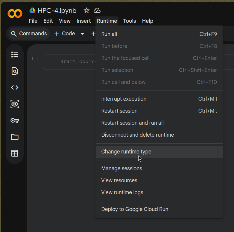 Change runtime type option in Runtime section on Google Colab