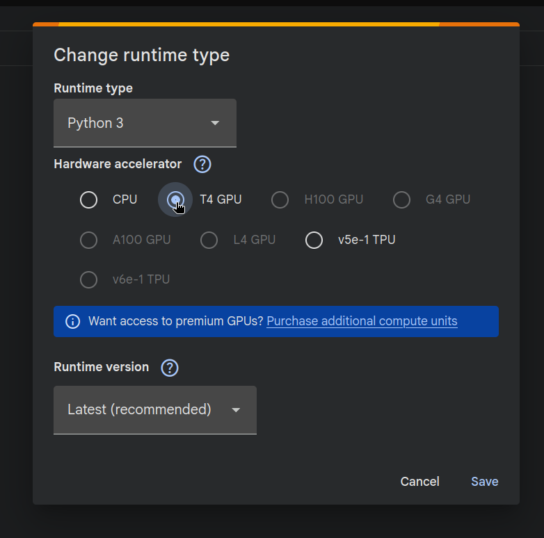 T4 GPU option selected in Google Colab as Runtime